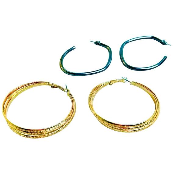 Large Hoop Earrings Gold Tone Gunmetal Silver Tone Two Pair - Picture 1 of 5